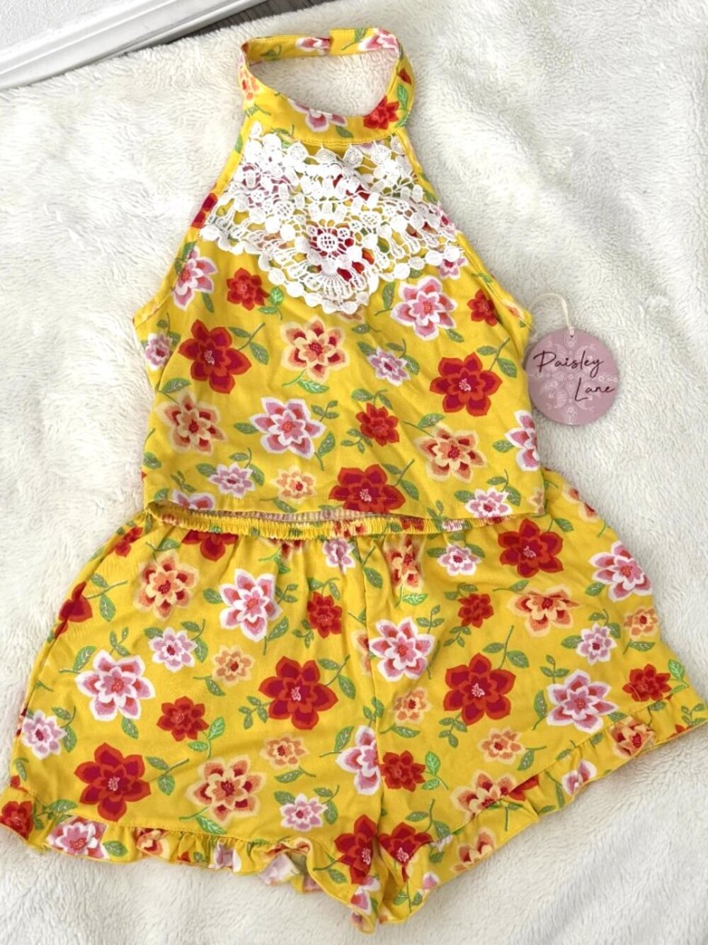 Paisley Lane Girls Yellow Floral Halter Top & Ruffle Shorts Set Outfit 12 NWT